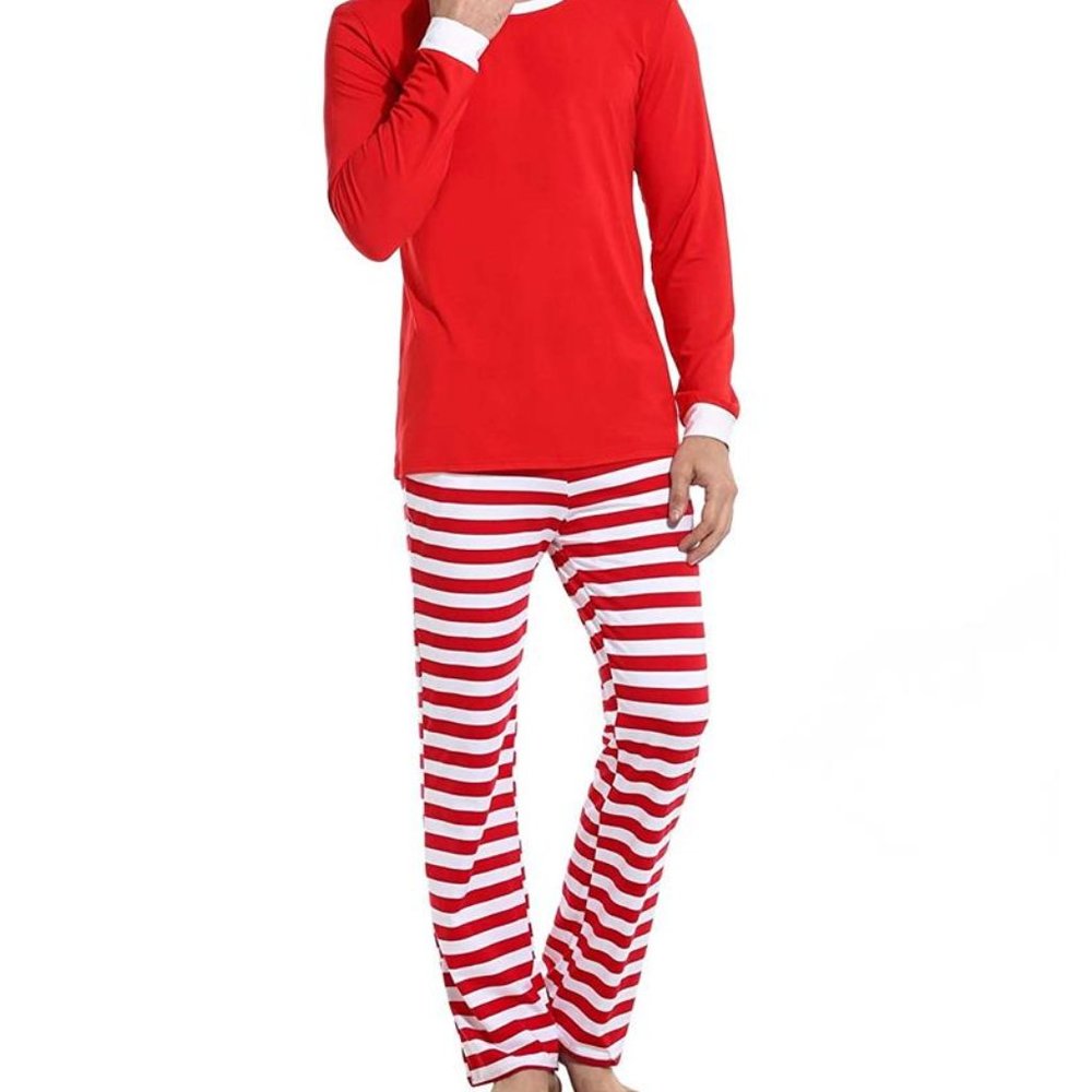 Matching Red White Striped Winter Christmas Family Pajamas PJs Men Women Kids